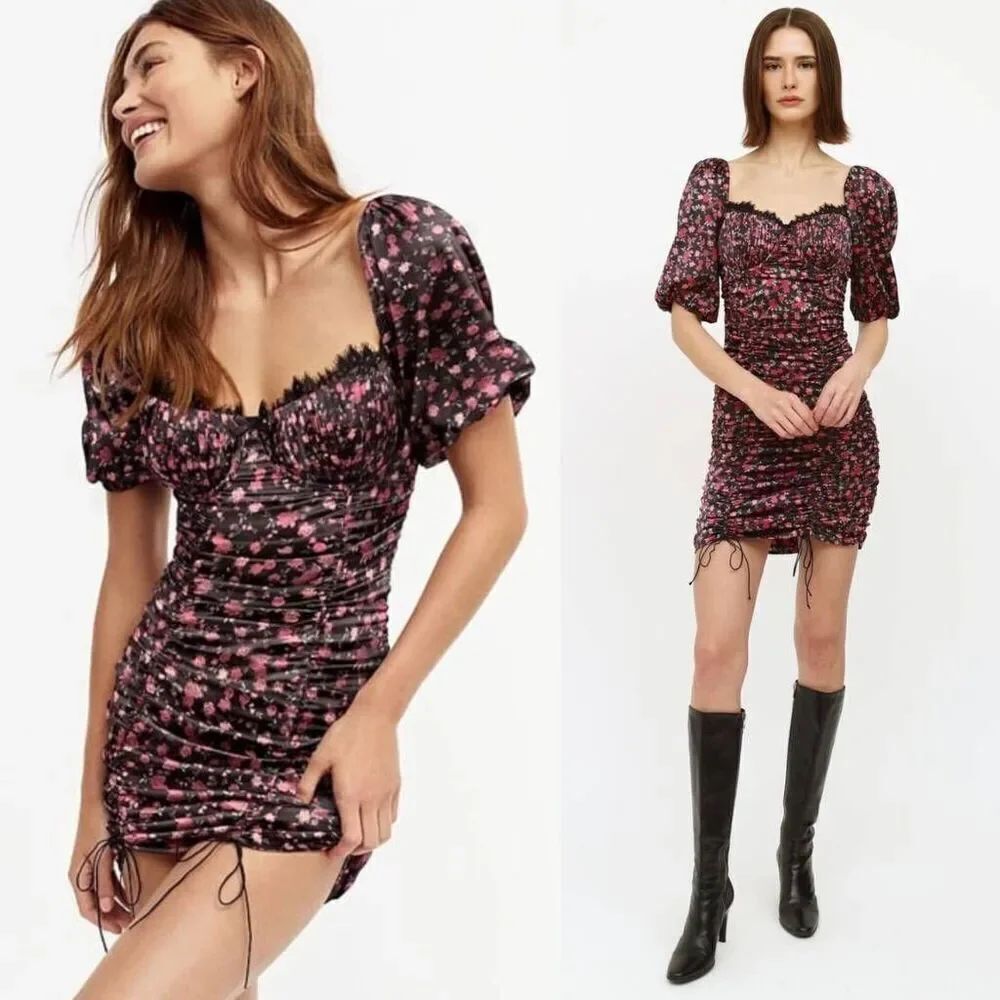 For LOVE & LEMONS M CORSET DRESS MELROSE Black Red Pink Rose Floral Satin Ruched